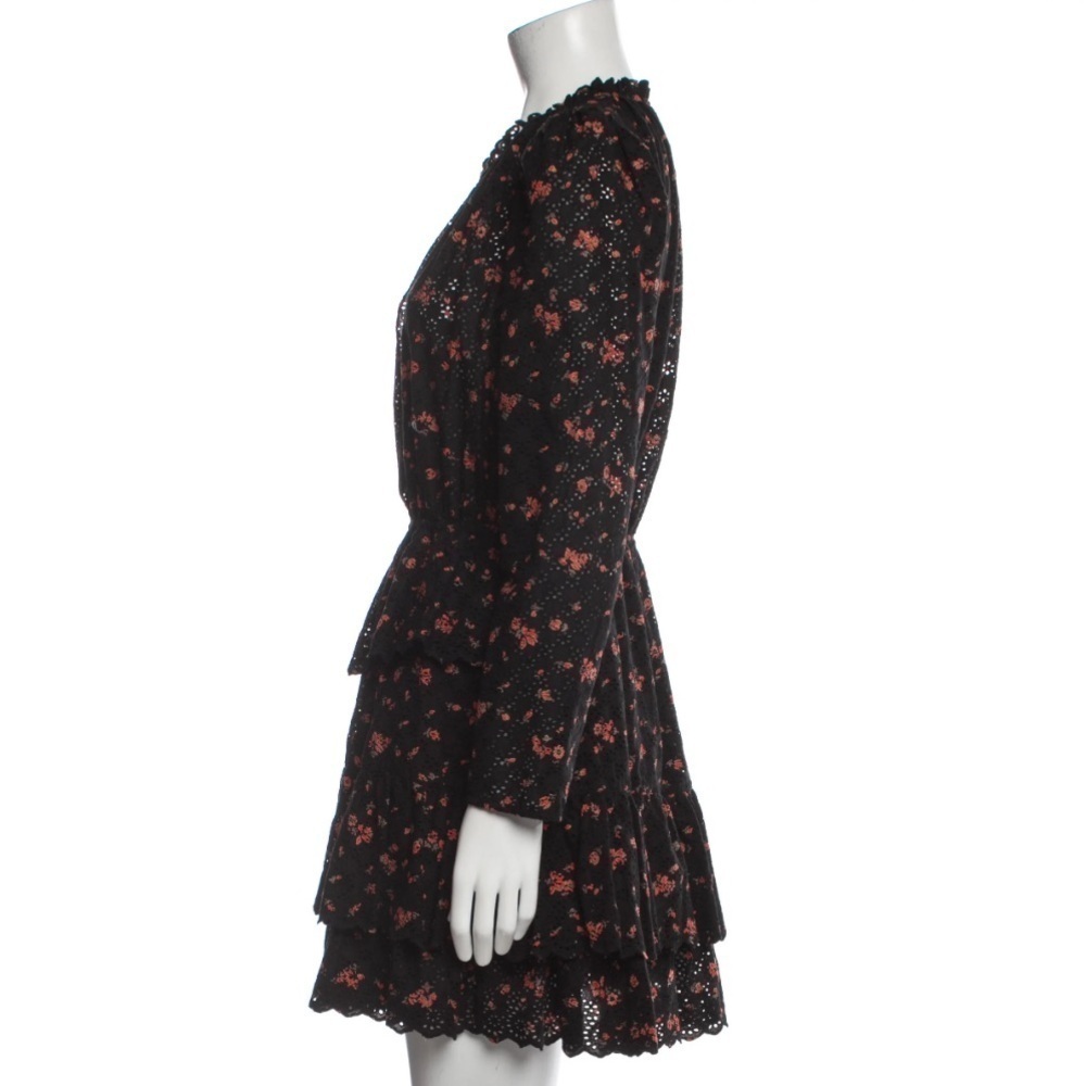 Ulla Johnson- Black and Red Eyelet Lace Floral Longsleeve Ruffle Mini Dress